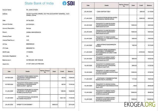 Relevé de compte de la India State Bank of India Modèle Word et PDF, 2 pages, version 2